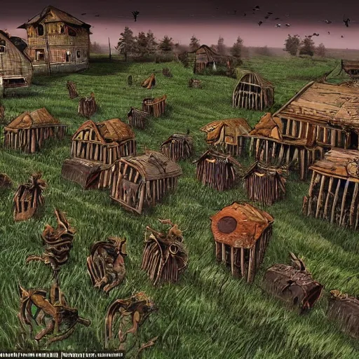 Prompt: originally a hidden village that lived free from the rule of the combine, it was discovered and attacked by hundreds of headcrab shells, transforming almost the entire population into deadly zombies.