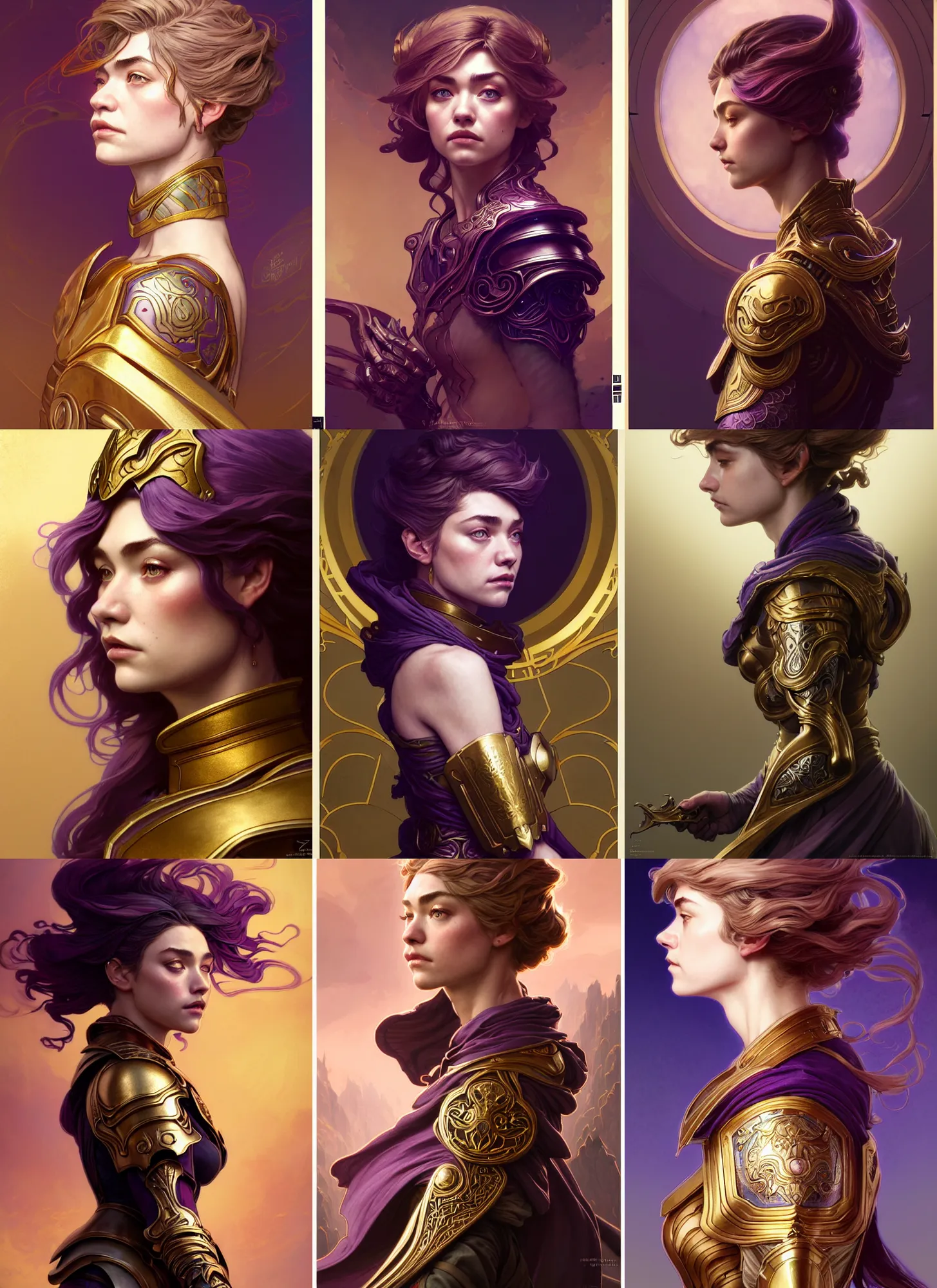 Prompt: side profile centered portrait, imogen poots paladin, design by artgerm, cushart krenz, greg rutkowski, mucha. art nouveau. gloomhaven, swirly vibrant color lines ripples, gaudy colors, ( ( gold purple plate armour ) ) 8 k. elegant, intricate, octane render