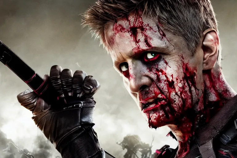 Image similar to film still of zombie zombie Hawkeye as a zombie in new avengers movie, 4k