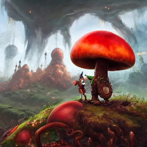 Image similar to Luigi made of earth and molten metal with heavy knight armor in the style of anime by Peter Mohrbacher, Matte painting of mushroom kingdom in background, hundreds of red and white spotted mushrooms in distance anime trending on artstation, HD, 4k,