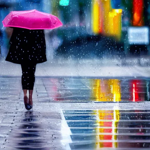 Prompt: closeup photography of a woman\'s high-heel shoe stepping into a shallow rain puddle on a busy crosswalk by Leonid Afremov, matte painting, water, bokeh, hyperrealism