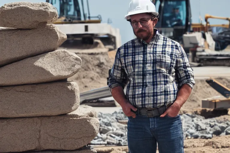 Prompt: a man made of stone, wearing a plaid shirt, working construction