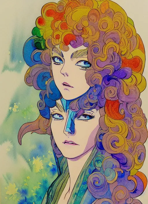 Image similar to vintage 7 0 s anime watercolor by geoff darrow, a portrait of a lady with colorful face - paint enshrouded in an impressionist watercolor, representation of mystic crystalline fractals in the background by william holman hunt, art by cicley mary barker, thick impressionist watercolor brush strokes, portrait painting by daniel garber, minimalist simple pen and watercolor