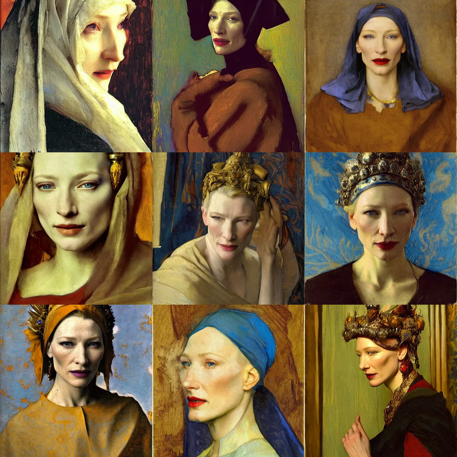 Prompt: cate blanchett by Annie Swynnerton and Nicholas Roerich and Vermeer, strong dramatic cinematic lighting , ornate headdress , lost civilizations, smooth, sharp focus, extremely detailed