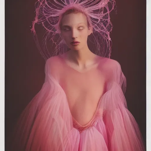 Image similar to Fashion photography of a woman wearing a dress inspired by a jellyfish, artistic photography, insanely detailed, chiaroscuro, cinestill 800t, Vogue magazine
