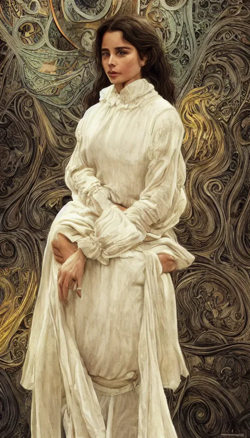 Image similar to young emanuelle beart, traditional bulgarian clothing, fame of thrones, fibonacci, sweat drops, intricate fashion clothing, insane, intricate, highly detailed, surrealistic, digital painting, artstation, concept art, smooth, sharp focus, illustration, unreal engine 5, 8 k, art by artgerm and greg rutkowski and alphonse mucha