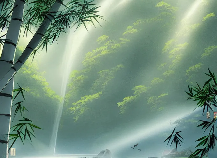 Image similar to misty japanese bamboo forest, lake, waterfall!!!!!, large rocky mountain, rule of thirds, sunny, cartoony, stylized anime, sun rays, soft, by hayao miyazaki, ghibli studio, makoto shinkai, toei animation, studio trigger, trending on artstation, 4 k, hd