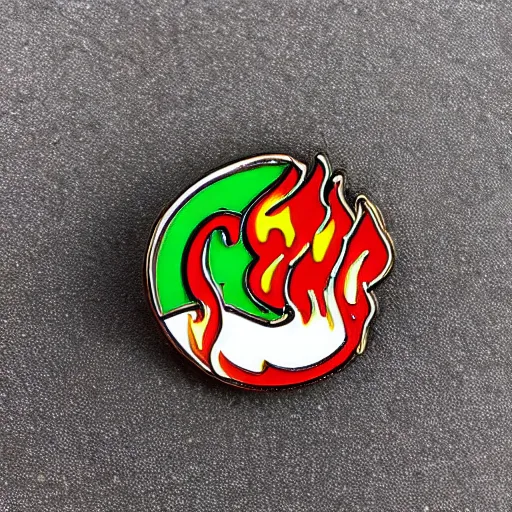 Prompt: simple yet detailed, jalapeno on fire flame circle enamel pin retro design