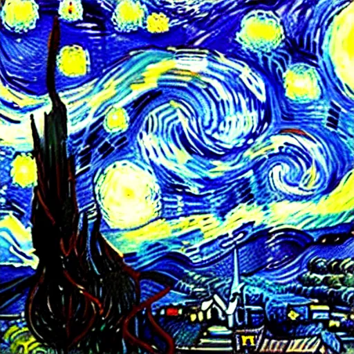 Image similar to the starry night by van gogh, fantasy, hd, volumetric lighting, 4 k, intricate detail, by jesper ejsing, irakli nadar
