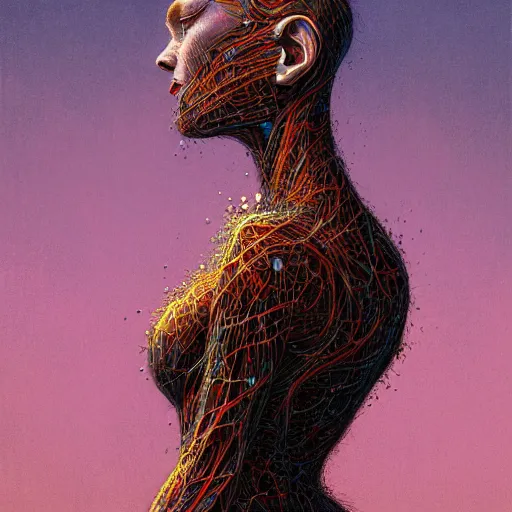 Prompt: a beautiful surrealist rendering portrait of a gorgeous woman by dan mumford and beksinski, wearing a dress by iris van herpen and mulleavy, cinematic lighting, dynamic pose like a dancer