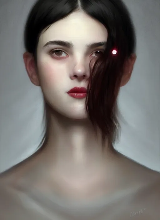 Prompt: portrait of white teenage girl, narrow face, short black hair and eyebrows, bangs, half updo hairstyle, buck teeth, unattractive, defined jawline, long chin, smile, hair bow, intricate, elegant, glowing lights, highly detailed, digital painting, artstation, sharp focus, illustration, art by wlop, mars ravelo and greg rutkowski