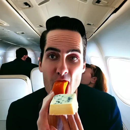 Prompt: a tall attractive man with slicked back brown hair eating cheese on an airplane