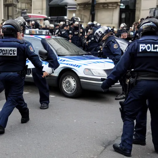 Image similar to fbi director Nicolas Sarkozy getting arrested by police agents, photo 85mm, f/1.3