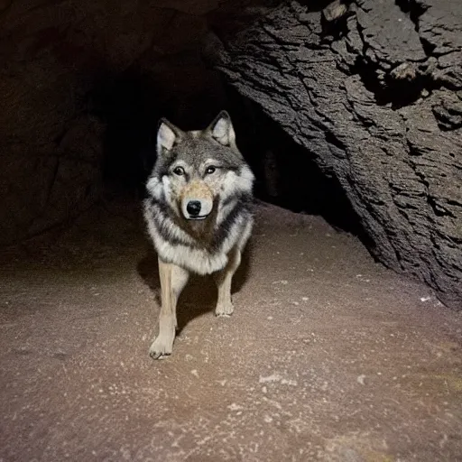 Prompt: a photo of a wolf, in a dark cave