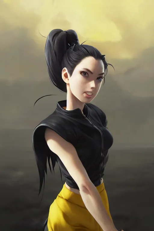 Image similar to black ponytail hair, pale woman in a black zipper jacket, yellow eyes, by artgerm, hair tied in a ponytail, black backdrop, masterpiece, beautiful render, matte painting, realistic, fighting pose, dynamic angle, by greg rutkowski makoto shinkai takashi takeuchi