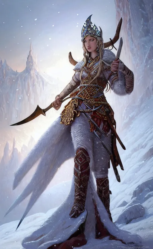 Image similar to opal viking warrior, regal, elegant, winter, snow, beautiful, stunning, hd, illustration, epic, d & d, fantasy, intricate, elegant, highly detailed, wide angle, digital painting, artstation, concept art, smooth, sharp focus, illustration, wallpaper, art by artgerm and greg rutkowski and alphonse mucha and jin xiaodi