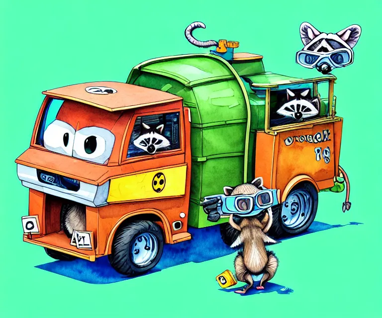 Image similar to cute and funny, racoon wearing goggles driving a tiny garbage truck, ratfink style by ed roth, centered award winning watercolor pen illustration, isometric illustration by chihiro iwasaki, edited by craola, tiny details by artgerm and watercolor girl, symmetrically isometrically centered