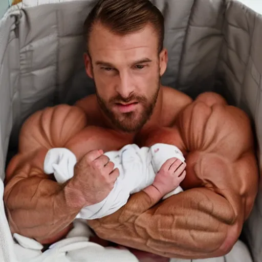 Image similar to huge muscles bodybuilder with head of a baby sleeping in a crib, newborn, barrel chested, rippling muscles, huge veins, bulging muscles, ripped, award winning photography, high detail