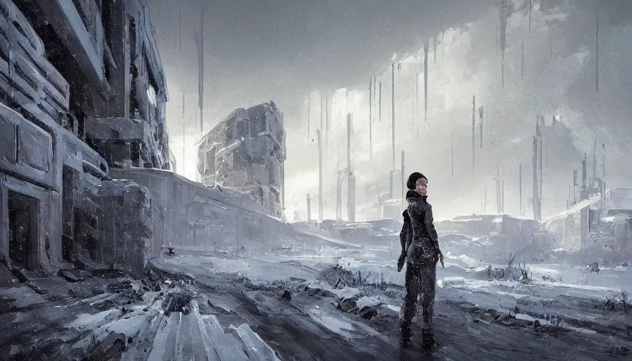 Image similar to a beautiful painting in the style of cedric peyravernay of a snowy landscape overlooked by a female spy in tactical gear, overseeing a large brutalist facility in the distance, award winning art