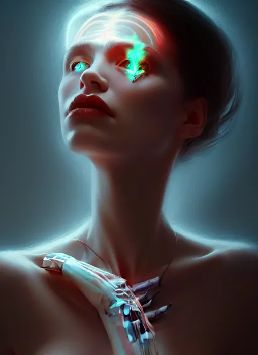 Image similar to portrait female posing sensual figure x - ray, skeletal, glowing veins under translucent skin, highly detailed skin, bouquet of daggers, windy, stormy sky, bioluminescent, plasma, greg rutkowski, 8 k trending on artstation,