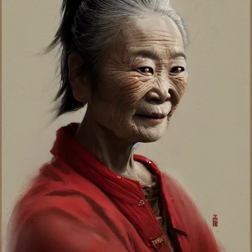 Prompt: A portrait of a Chinese old beauty in red shirt, ancient art, art by greg rutkowski, matte painting, trending on artstation