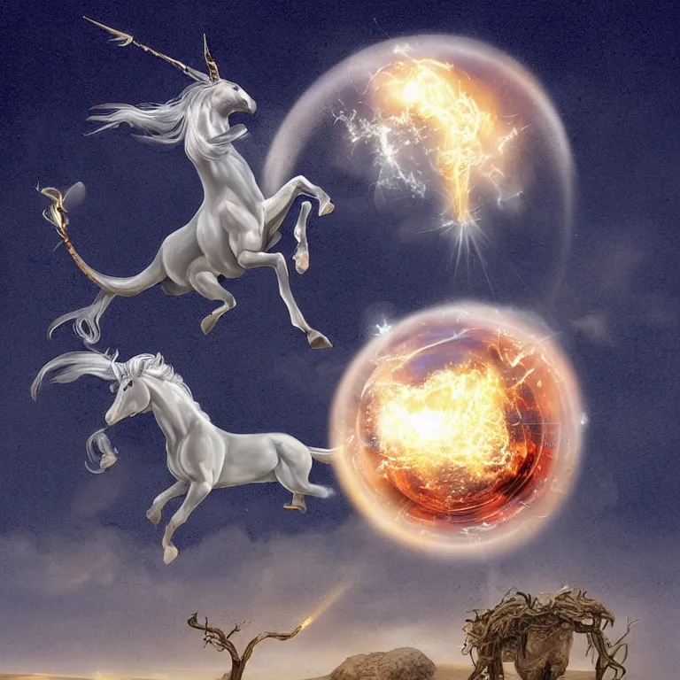 Image similar to Magical glowing sphere in midair, with a unicorn inside it. A white celestial unicorn is trapped inside the sphere. A burnt landscape is in the background. The sphere is held up by sinister rusting steel pincers that reach from the ground, and has a unicorn inside it. Digital art, by Gerald Brom