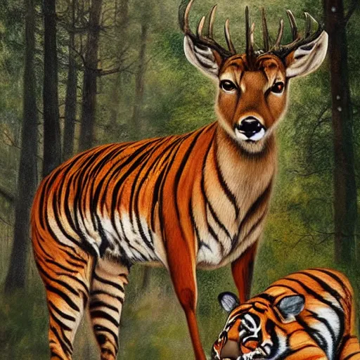 Prompt: a painting of deer and tiger facing each other, their heads bowed towards ground by esao andrews