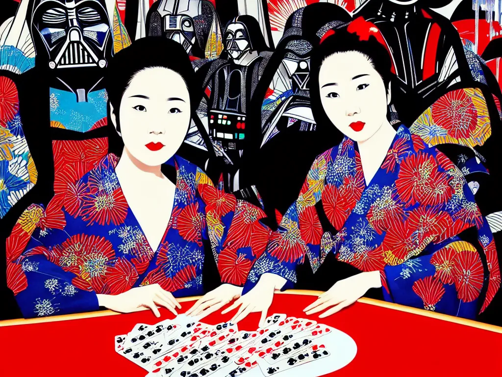 Image similar to hyperrealism composition of the detailed woman in a japanese kimono sitting at an extremely detailed poker table with darth vader, fireworks on the background, pop - art style, jacky tsai style, andy warhol style, acrylic on canvas