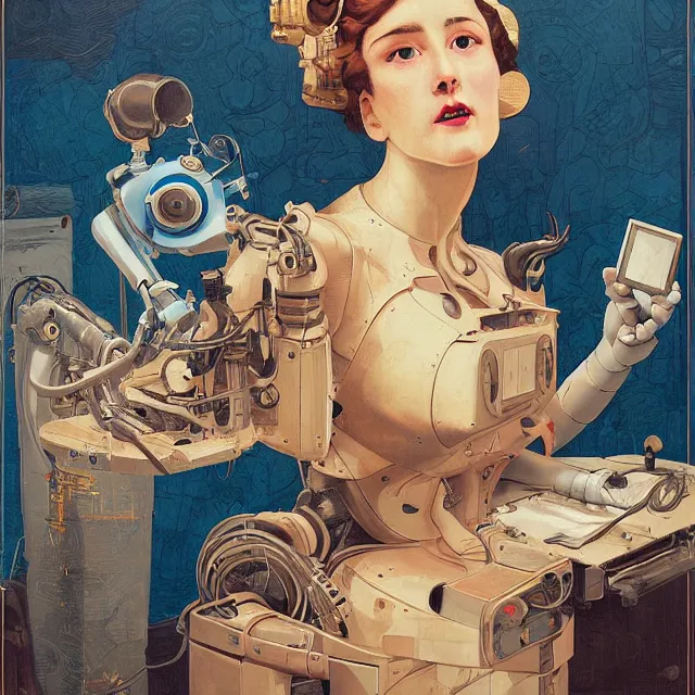Prompt: robot artist painting a self - portrait on a canvas. intricate, highly detailed, digital matte painting, in the style of alexandros pyromallis, and in the style of sachin teng, and in the style of hans thoma, and in the style of gil elvgren. irony, recursion, inspiration, art nouveau.