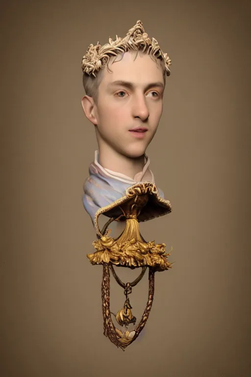 Image similar to a realistic porcelain full-head rococo style bust of handsome young Spanish prince a faded style haircut and a crown made of colored pipecleaners, suspended in outer space, photorealism, octane render, depth of field, 8k, 35mm, artgem, Trending on artstation