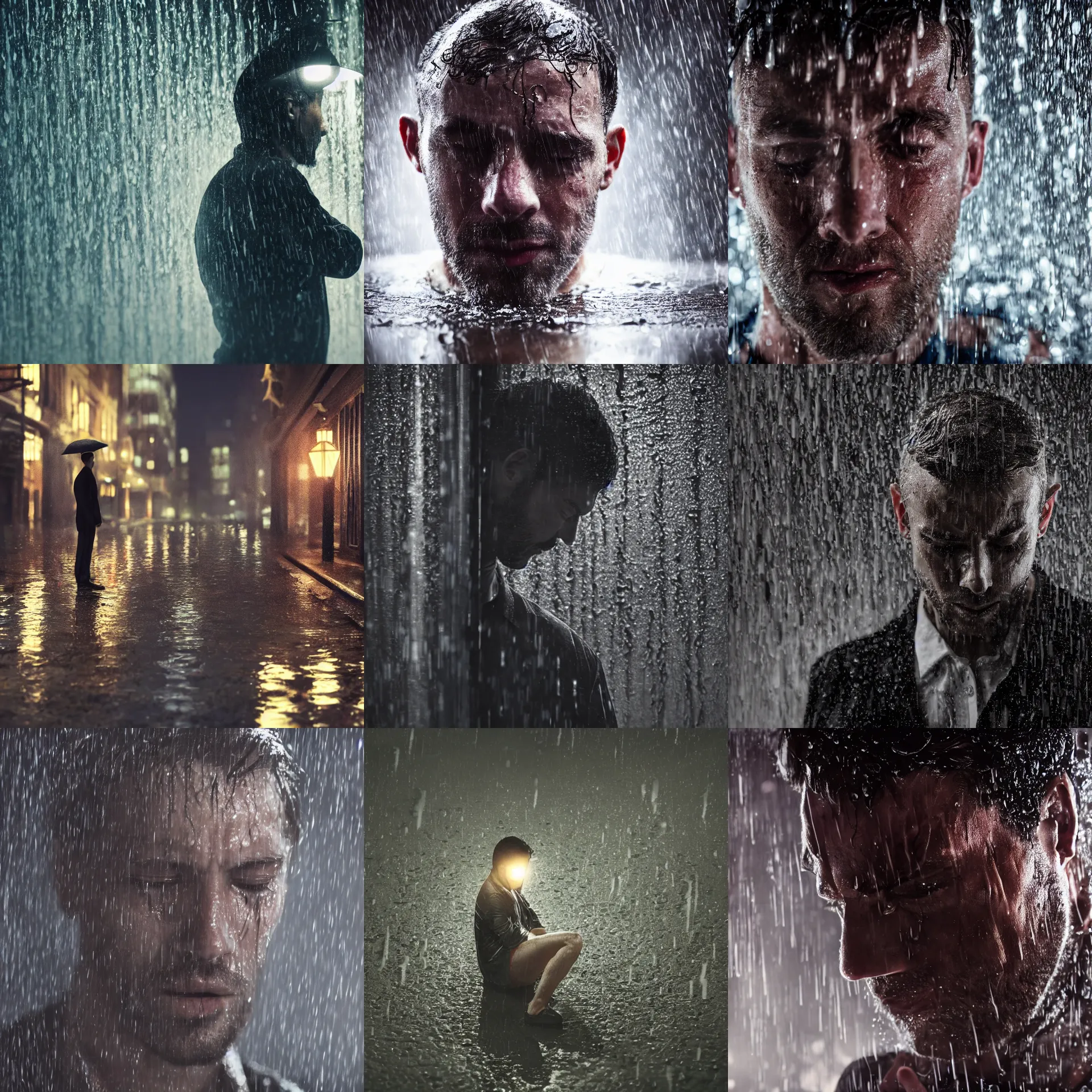 Prompt: Film still close up of a man's head, crying under the rain, puddles of water reflecting street lamp lighting, dramatic scene, cinematic scene, ambient lighting, focus, UHD, octane render, Unreal Engine, hyperrealism