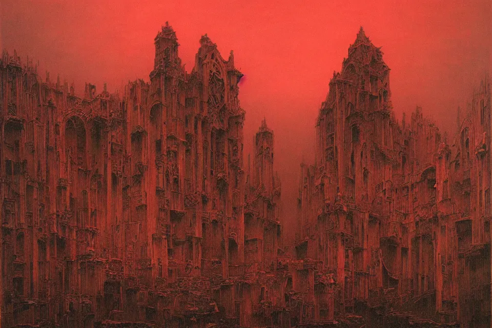 Prompt: painting of an colossal ominous morbid cathedral occupying most of the painting, under a reddish sky, high level of details, by Beksinski,