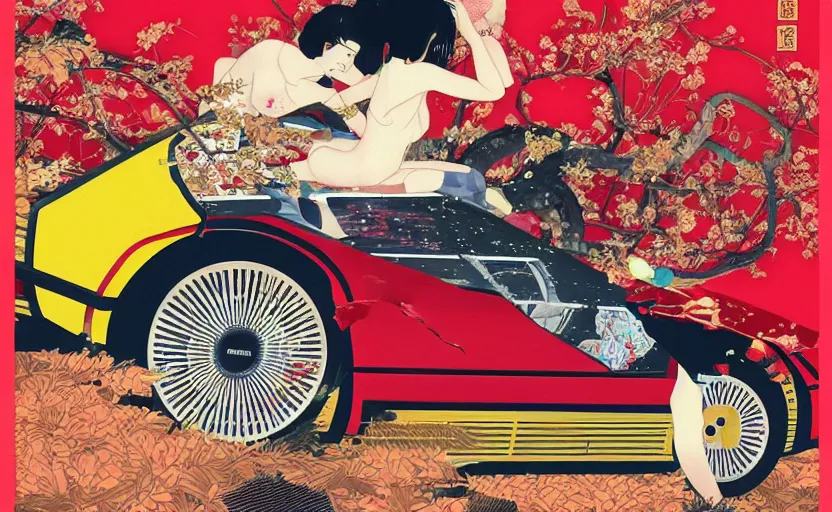 Image similar to a red delorean with a yellow tiger, art by hsiao - ron cheng and utagawa kunisada in a magazine collage, # de 9 5 f 0