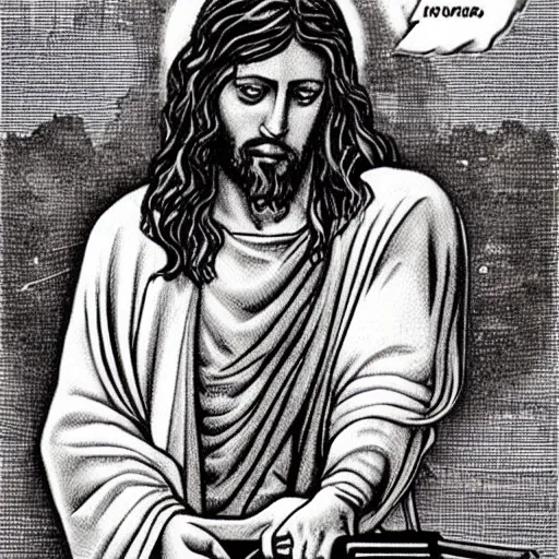 Prompt: jesus with guns killing demons - n 9