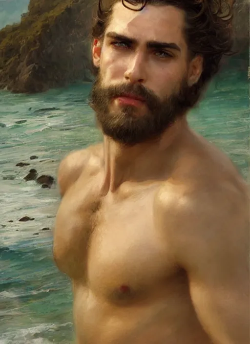 Prompt: detailed cinematic wide shot of muscular attractive young spanish man beard slim face symettrical face clean skin green eyes white hair wearing sea clothes, ultra realistic, spring light, painting by gaston bussiere, craig mullins, j. c. leyendecker