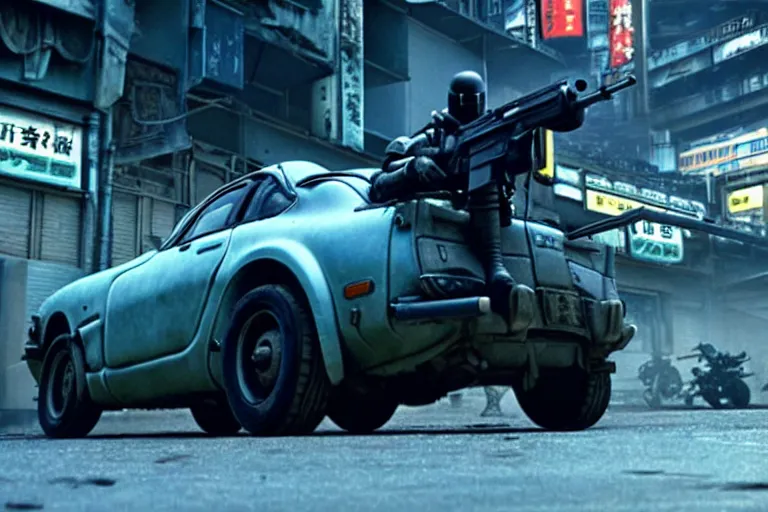 Prompt: masamune shirow movie still from ghost in the shell dieselpunk mad max alpine a 1 1 0 with guns installed