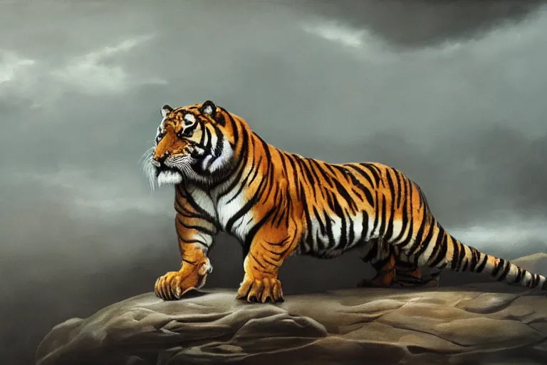 Prompt: A dark, brooding painting of a snarling tiger in the style of Salvador Dali, high-quality, professional, dramatic lighting, extremely high detail, trending on artstation