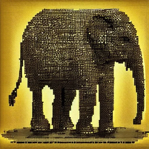 Image similar to a pixelated 1 bit elephant, infront of the elephant is a pixelated 1 bit golden sword.