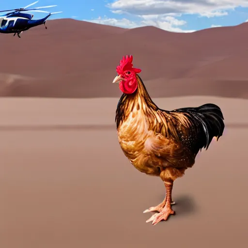 Image similar to realistic photograph of a chicken in a desert with a helicopter, high quality