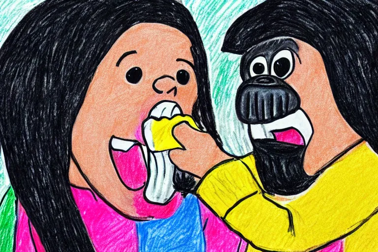 Prompt: Kids crayon drawing of a girl wearing girl shouting to a gorilla eating a banana