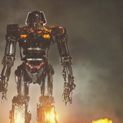 Image similar to mecha made from car parts, dark messy smoke - filled cluttered workshop, dark, dramatic lighting, orange tint, cinematic, highly detailed, sci - fi, futuristic, movie still from blade runner