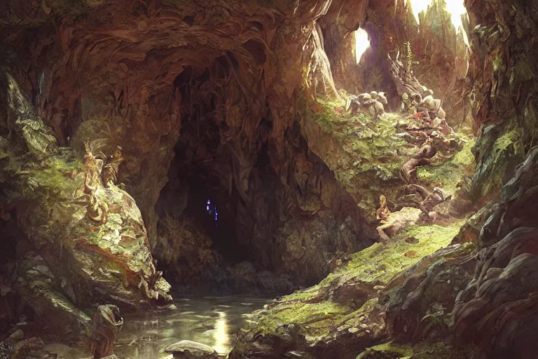 Image similar to painting of an evil cave entrance, concept art, intricate details, eerie, highly detailed, photorealistic, octane render, 8 k, unreal engine. art by artgerm and greg rutkowski and alphonse mucha