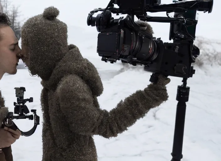 Prompt: a beautiful, cold metal robot that is kissing a cinematographer