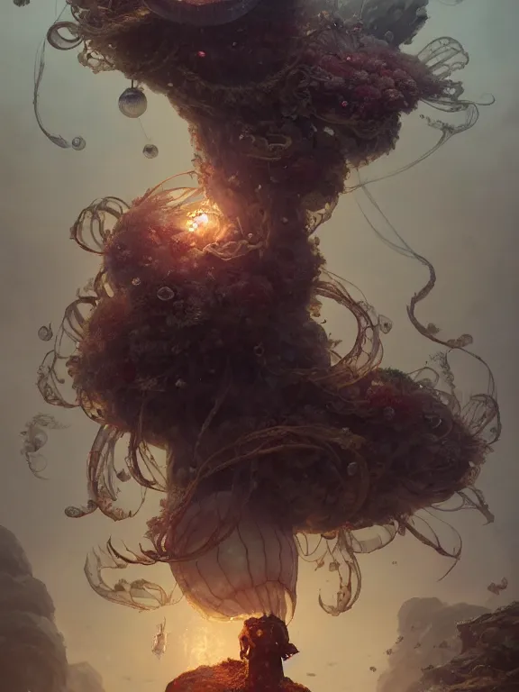 Prompt: a fancy portrait of a giant floating flower and jellyfish by Greg Rutkowski, Sung Choi, Mitchell Mohrhauser, Maciej Kuciara, Johnson Ting, Maxim Verehin, Peter Konig, Bloodborne , 8k photorealistic, cinematic lighting, HD, high details, atmospheric , trending on artstation