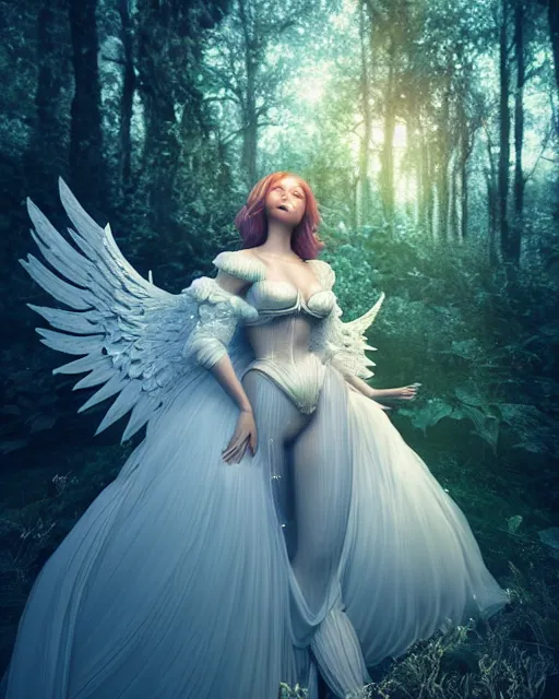 Image similar to posh Angel in enchanted forest, prismatic highlights, atmosphere, gorgeous, depth of field, cinematic, macro, concept art, 50mm, artstation, wlop, elegant,weta digital, focus, octane render, v-ray, 8k, kodak portra, art by Liberatore