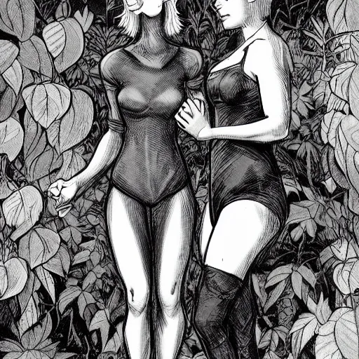 Prompt: modest short - haired handsome muscular blonde butch tomboy woman engineer standing beside taller dark fae feathered modest gothic jennifer connelly, in a beautiful lush garden at night, falling in love, highly detailed, romantic, trending on art station, illustration, mike mignola, comic book