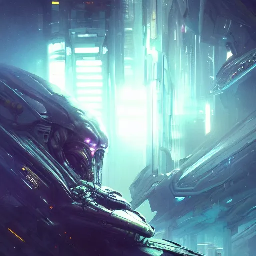 Image similar to portrait sci-fi art by Greg Rutkowski and Ruan Jia, Predator vs Alien, solar flares, futuristic environment, detailed and intricate environment, fractal biomech, cyberpunk, neon color, purple bioluminescence, gold and black metal, dramatic lighting, cinematic, high technology, highly detailed portrait, digital painting, artstation, concept art, smooth, sharp focus, ilustration, Artstation HQ,