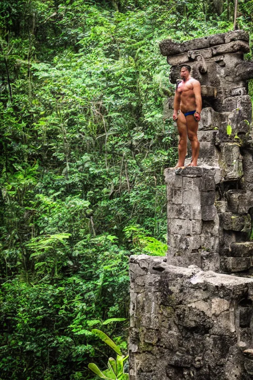 Prompt: mid distance photo of mayan jaguar warrior standing on the diving board in las pozas, 3 5 mm, highly detailed, color photo, cinematic lighting