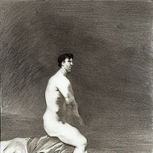 Image similar to A lonely man in the immensity drawn by Francisco de Goya