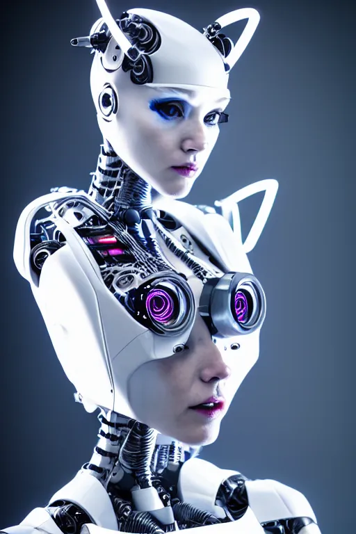 Image similar to cybernetic ultra high tech female robot with cat ears, sci - fi, cyberpunk, high tech, futurism, exoskeleton, symmetry, cinematic, elegant, luxury, perfect light, perfect composition, dlsr photography, sharp focus, 8 k, ultra hd, sense of awe, highly detailed, realistic, intricate, science journal cover